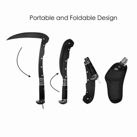 Two Section Foldable Sickle Knife With Wooden Handle And Sheath For Easy Weeding Grab And Go Portable Garden Tool displayed unfolded and folded.