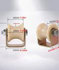 Heavy Duty Nylon Track Rollers Featuring Rock Solid Double Bearing Dual Arc Groove Pulley Wheels, dimensions labeled for sliding doors and gates.