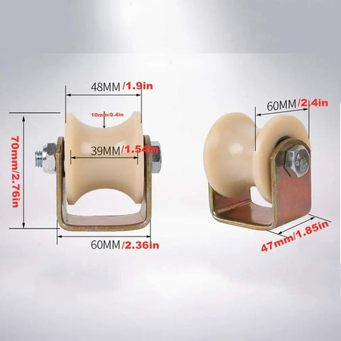 Heavy Duty Nylon Track Rollers Featuring Rock Solid Double Bearing Dual Arc Groove Pulley Wheels, dimensions labeled for sliding doors and gates.