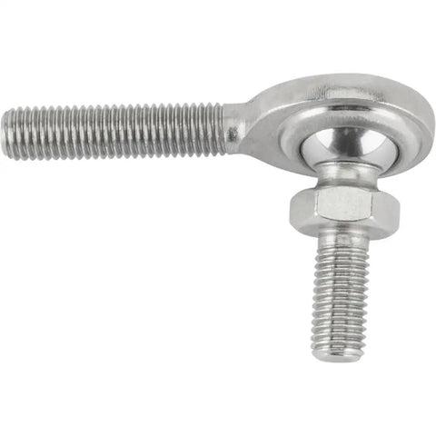 Beefy 1/4 Inch Rh Male Heim Joint Rod End With Stud For Custom Build Carb Linkage And Shift Cable Setup Zinc Plated Steel With Ptf Lining For Sick Hot Rod And Drag Strip Applications close-up showing threaded stud and spherical rod end design.