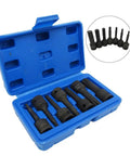 Open case showing Three Eighth Inch Drive Socket Set Seven Piece Beefy Torx Bit Sockets Up To T60 With Black Oxide Coating.