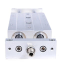Straight Up Double Acting Pneumatic Cylinder With Dual Piston Rods And Slide Tab Mount For Precision Air Actuation In Bore Sizes From 10 To 25 Millimeters And Stroke Lengths Ranging Up To 125 Millimeters For Drop Dead Reliability On Any Job Site, front view showcasing dual rods.