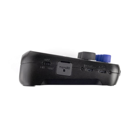The Ultimate Two Host Podcast Stack Featuring Multitrack Recorder And Dynamic Mics Paired With Headphones showing control panel and microSD slot.