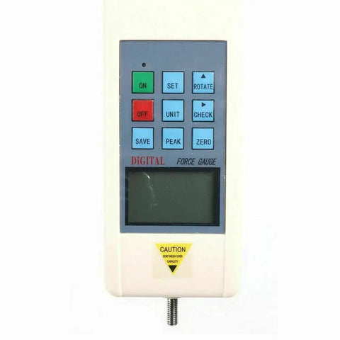 Top Shelf Heavy Duty Digital Push Pull Force Tester Rated At 500N Peak Load Built Tough, digital display with control buttons.