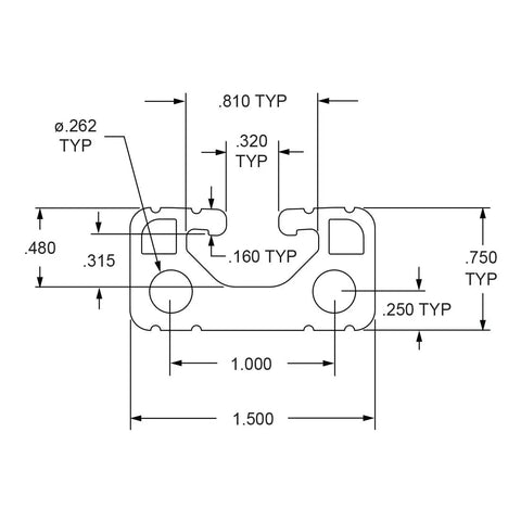 Kickstart Your Next Rad Mod With This Pro Grade 1.5 X 0.75 T Slotted Aluminum Extrusion Linear Slot Bar Rail detailed technical drawing.