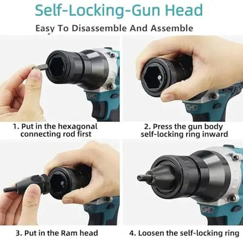 Kickass Cordless Rivet Nut Gun Kit featuring a brushless motor, showcasing the self-locking gun head disassembly steps.