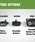 SPUDZ microfiber lens cleaners: three black pouches—Classic open bottom, Ultra closable, Pro with spray bottle.