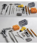 Must Have Watch Repair Tool Kit Featuring Link Pin Remover Shell Opener And Strap Replacement For Smooth Bracelet Tweaks and tools arranged in neat layout.