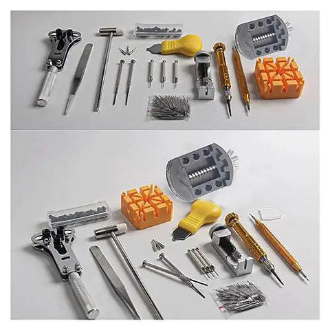 Must Have Watch Repair Tool Kit Featuring Link Pin Remover Shell Opener And Strap Replacement For Smooth Bracelet Tweaks and tools arranged in neat layout.