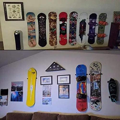 Beefy Ski And Snowboard Wall Mount Storage Rack Invisible Floating Garage Display Organizer securely holds colorful boards on a wall.