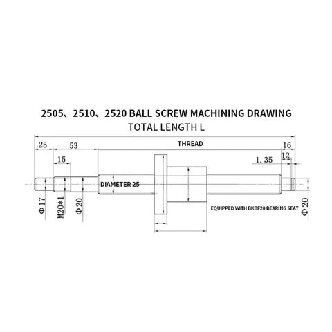 Diagram of 2505, 2510, 2520 ball screw machining drawing showing dimensions and thread specifications for Top Tier Miniature Bearing Steel Linear Motion Rail Kit Featuring Four Hgw20cc Sliders One Sfu2005 Precision Ball Screw And Dual Hgr20 Guide Rails Rock Solid Heavy Duty Setup For Cnc Mods.