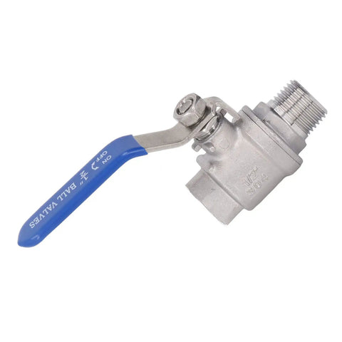 Rock Solid Heavy Duty 1/2 Inch NPT Ball Valve Made From Top Tier 304 Stainless Steel featuring blue handle for water shut off.
