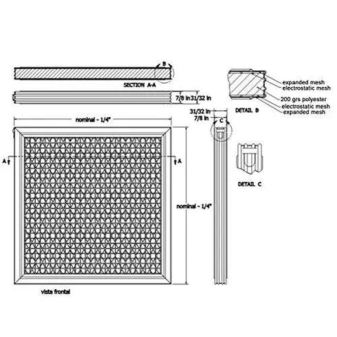 Diagram of 24X24X1 Electrostatic Washable Permanent Furnace Air Filter showing dimensions and electrostatic mesh design.