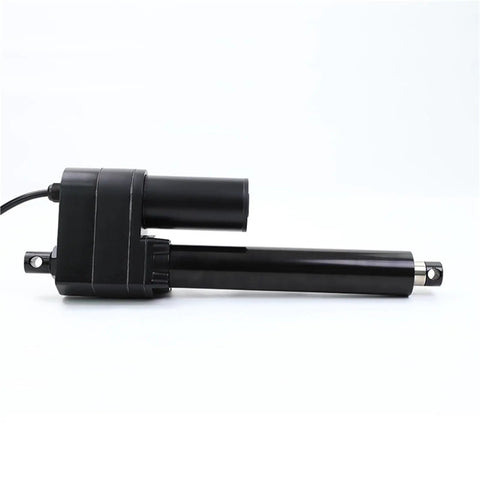 Ready To Roll Heavy Duty Electric Linear Actuator With Built In Brake One Hundred MM Four Inch Stroke Yields Seven Thousand Newtons Of Tough Thrust Runs Clean On DC Twelve Or Twenty Four Volt Systems Optimized For Real Us Shop Jobs side view of a black electric actuator