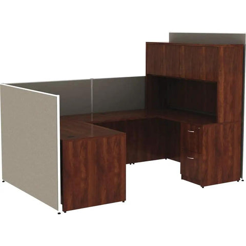 Gray Fabric Room Divider And Privacy Screen On A Powder Coated Steel Frame with wood office desk and storage cabinet.