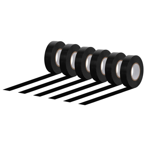 Six-pack of Electrical Tape Three Quarter Inch Black Vinyl With Strong Adhesive in a line showing flexible insulation, unwound six-pack