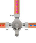 Mechanical Water Mixing Valve With Three Eighths Inch Compression Fittings On Inlet And Outlet, Brass Construction, showing flow directions