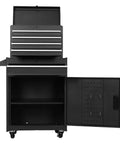 Heavy Duty Metal Tool Cabinet With Five Smooth Glide Drawers And Flexible Modular Shelves For Tough Shop Organization And Weekend Warrior Garage Storage Setup, front view with open drawers.