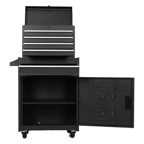 Heavy Duty Metal Tool Cabinet With Five Smooth Glide Drawers And Flexible Modular Shelves For Tough Shop Organization And Weekend Warrior Garage Storage Setup, front view with open drawers.