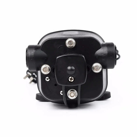 Compact Mini Diaphragm Pressurized Electric Water Pump For RV Camper Boat front view with connectors and power cord.