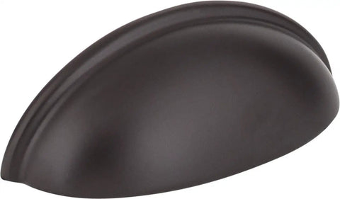 Three Inch Oil Rubbed Bronze Kitchen Cabinet Cup Pull Slick Heavy Duty Drawer Handle angled view, sleek design.