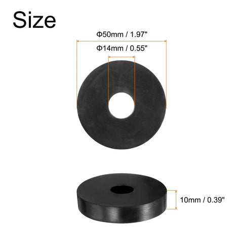 12 Pack Heavy Duty Rubber Spacers 50mm OD 14mm ID 10mm Height Anti Vibration Bushings shown with dimensions for size.