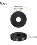 Four Pack Heavy Duty Rubber Vibration Damping Pads 50Mm Od 14Mm Id 10Mm Thick with diameter and thickness measurements shown.