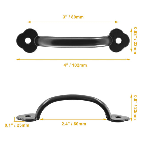 12 Piece Antique Plum Blossom Zinc Alloy Door And Drawer Pulls Set, Black Gate Handles 4 Inch 102mm Length, Side and Front View