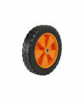 Heavy Duty Orange Solid Rubber Caster Wheel 7 Inch Non Pneumatic Replacement for Lawn Mower and Grill Base, side view.