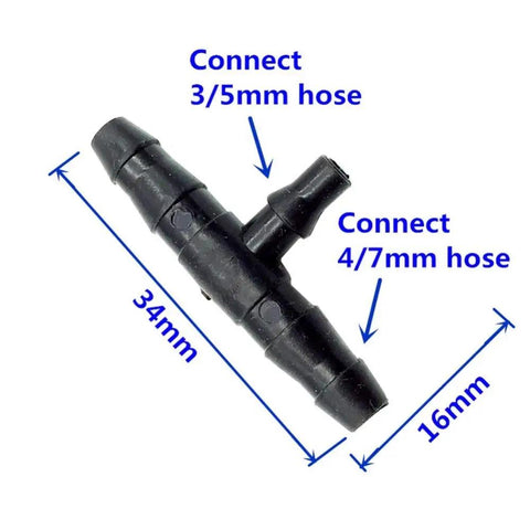 Barbed Hose Tee Connectors 3/5 Mm To 4/7 Mm Three Way Splitters For Garden Irrigation, Sprinkler Lines, And Drip Systems, 2000 Pack Pcs, Easy DIY Watering Setup For Yard, Farm, Greenhouse, black plastic tee connector with 3/5mm and 4/7mm hose fit