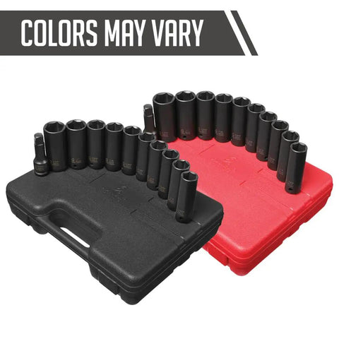 Thin Wall Deep Impact Socket Set With One Half Inch Drive And Three Inch Extension Includes SAE Sockets From Three Quarters To One And One Sixteenth Inch And Metric Seventeen To Twenty Three Millimeters All In Durable Chrome Moly Alloy in black and red cases