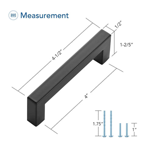 Slick Matte Black Cabinet Pulls And Handles 30 Pack For Kitchen Drawers And Cupboards With Tight Four Inch Center Spacing And Heavy Duty Zinc Hardware For A Next Level Home Refresh, displaying measurement details.