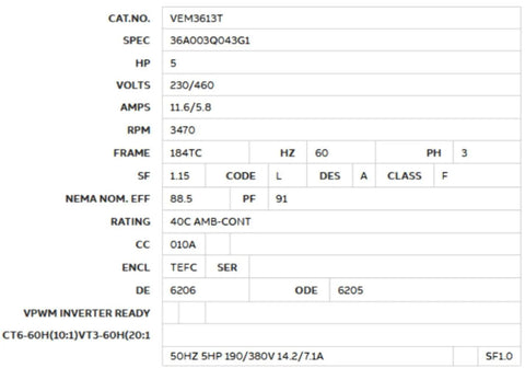 Specifications sheet for Single 5 HP 3-Phase TEFC Electric Motor 230/460V 60Hz 3470 RPM, 184TC Frame F1 Mounting