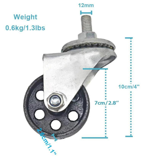 Close-up of heavy-duty cast iron caster wheel with 12mm stem, 2.1-inch diameter for replacement on transmission jacks.