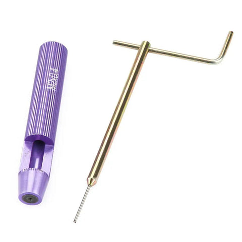 M2x0.4 Threaded Inserts Repair Kit installation tool close-up, purple handle with steel insertion rod, for metal machinery projects.