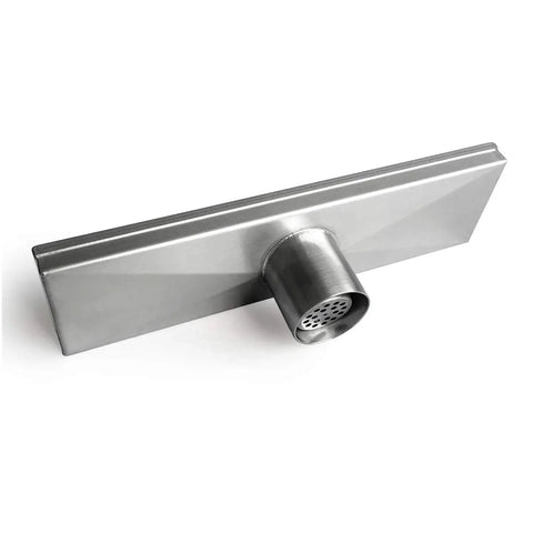 Super Sleek 12 Inch Linear Shower Drain With Brushed Finish And Sweet Tile Insert Cover, showing side view and outlet.