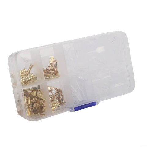 Kick-Start Your Electrical Projects With This Awesome Female Spade Terminal Kit Featuring Reliable Copper Connectors In 2.8mm 4.8mm And 6.3mm Sizes Plus Insulation Sleeves Perfect For AWG 18-14 Wire Auto And Audio Gear That Really Pops. Transparent organizer box with copper female spade terminals and insulation sleeves