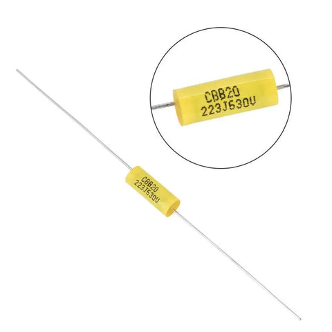 Top Shelf Polyester Film Capacitor Kit 630V 0.022uF Axial Leads yellow axial capacitor with clear labeling for vintage radio repairs.