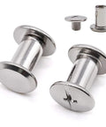 Heavy Duty Rock Solid Chicago Binding Screws M5 X 20mm Cross Head 304 Stainless Steel 18 8 Hardware Kit for Leather Goods showing screws and fittings.