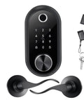 Slick Matte Black Fingerprint Door Lock Set With Tough Touchscreen Keypad, includes handles and key fob.