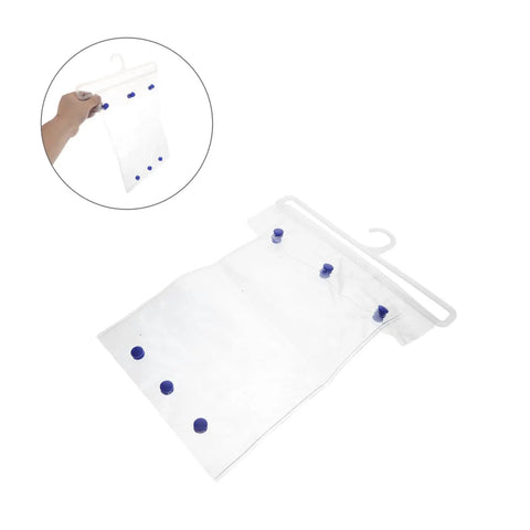 Hella Heavy Duty Clear Electric Vehicle Charger Station Cover Weatherproof Rain Snow Protection Sleeve hanging with blue fasteners.