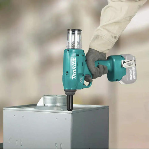 Pro Grade 18V Brushless Cordless Riveter With Serious Pulling Force shown in use on metal panel, highlighting performance and design.