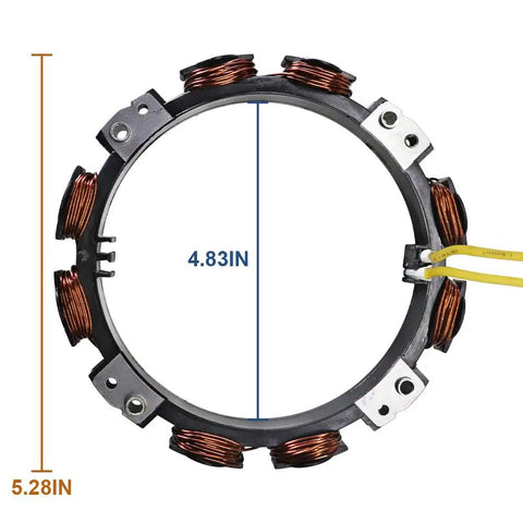 Top Shelf Replacement Alternator Coil Stator for John Deere GT235 LT166 shows inner coils and dimensions 5.28in by 4.83in.