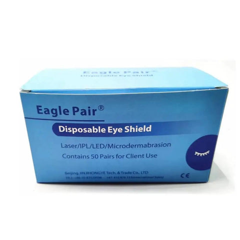 Rock Solid Disposable Laser Eye Shields For IPL Led Facial Treatments Easy Application Medical Pads With OD7 Barriers 100 Pair Bundle in packaging.