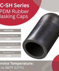 Professional EPDM Rubber Masking Caps For Threaded Studs And Hole Shielding, 0.375 Inch By 1.5 Inch black rubber cap with measurements.
