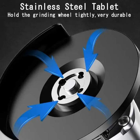 Stainless steel tablet holding grinding wheel for Rock Solid Electric Angle Grinder Tearing Through Metal And Wood With Knockout Torque.