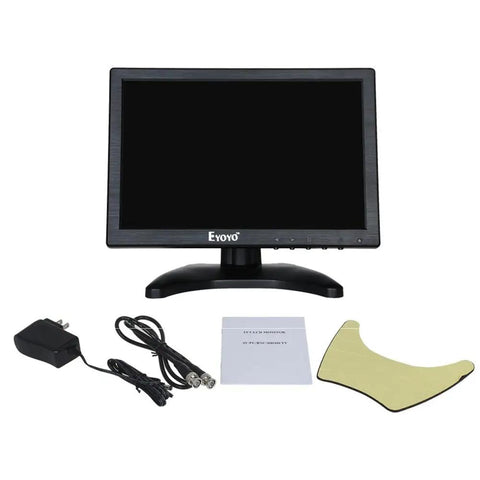 10 Inch IPS LCD Monitor With 1280x800 Resolution for PC TV security display setup with stand, power adapter, and cables