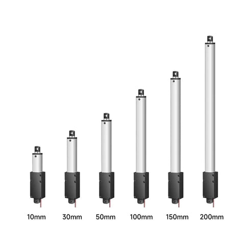 Beefy DC 6V 12V 24V Compatible Compact Linear Actuator 100mm Stroke, 33 Lbs Max Force, 150N, IP60 Rated, Quiet Gear Motor, High Duty Cycle, Short Circuit Protection, Great For Home Appliances And DIY Projects, shown with 10mm to 200mm stroke sizes
