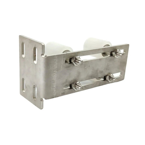 Rock Solid Heavy Duty Sliding Gate Upper Guide Rollers With Reinforced Mounting Bracket featuring smooth nylon wheels and stainless steel frame.
