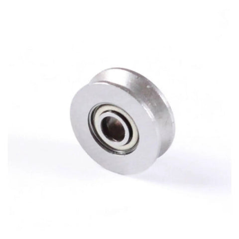 Rock Solid V Groove Roller Wheels With Smooth Ball Bearings And Zero Hassle Wire Track Guides Made From Carbon Steel, close-up view.